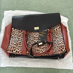 Badgley Mischka Black and Brown Tote with Leopard Print Weekender Travel Plan